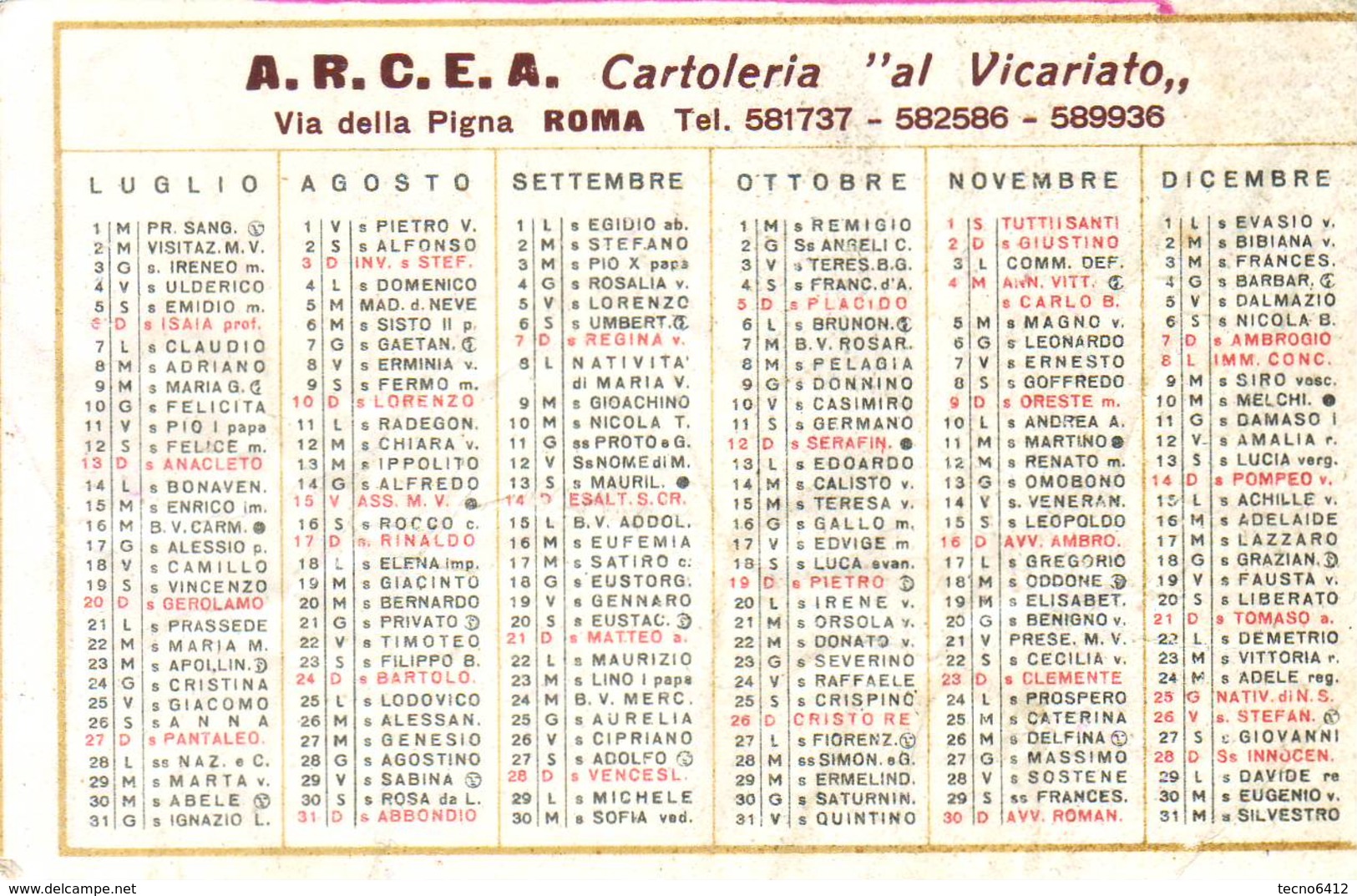 Calendarietto Tascabile A.R.C.E.A. Cartoleria Al Vicariato 1958 - Petit Format : 1941-60