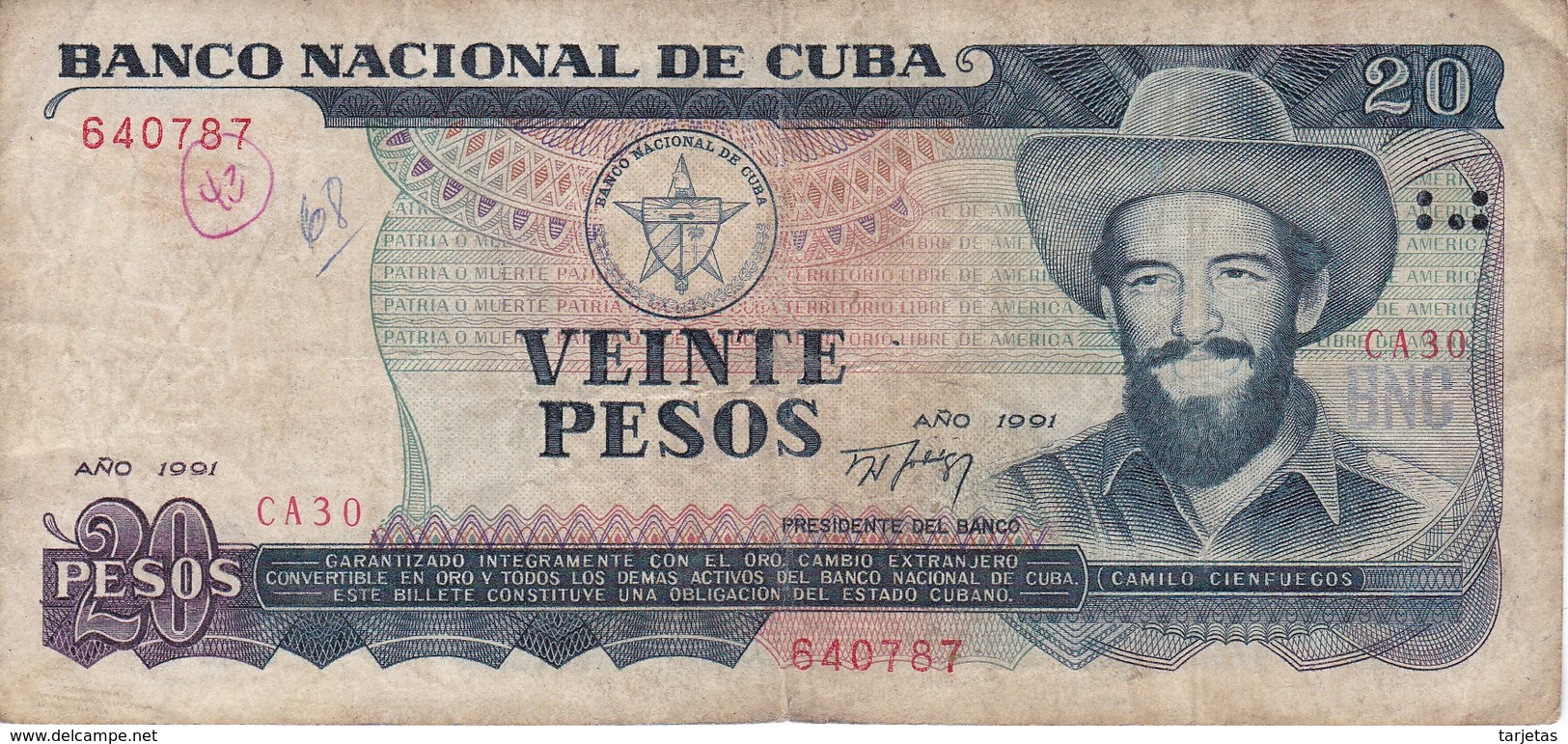 BILLETE DE CUBA DE 20 PESOS DEL AÑO 1991   (BANK NOTE)  CAMILO CIENFUEGOS - Cuba