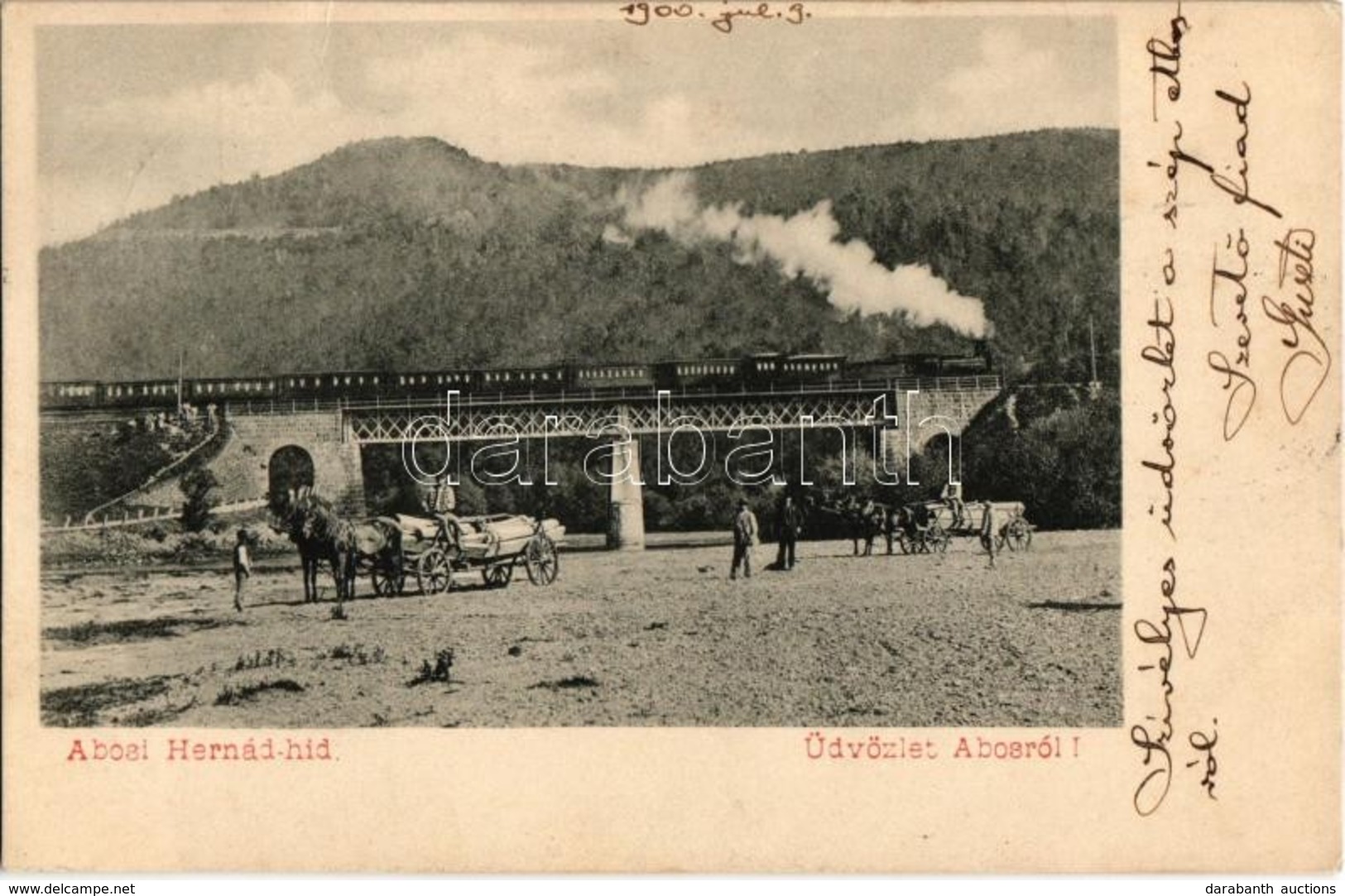 T1/T2 1900 Abos, Obisovce; Hernád Híd Gőzmozdonnyal, Faszállító Lovaskocsik / Railway Bridge Over Hornád River, Locomoti - Unclassified