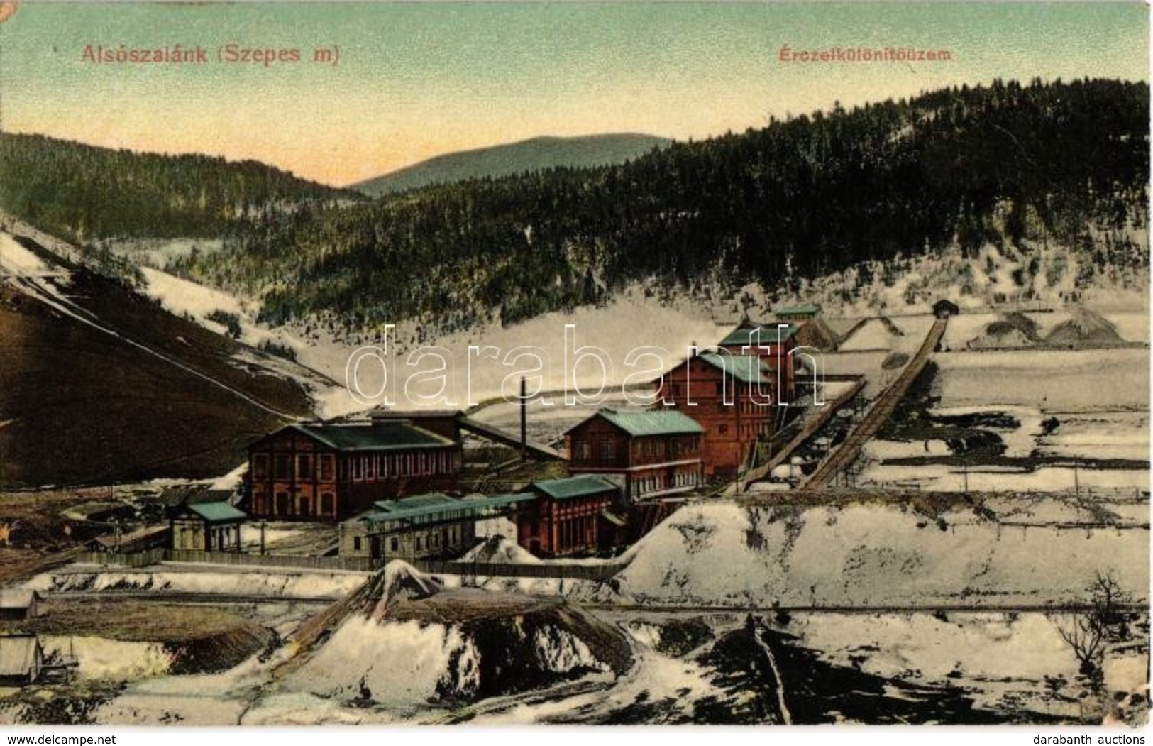 T3 1910 Alsószalánk, Nizné Slovinky (Szepes); Ércelkülönítő üzem Télen. Balkányi S. Kiadása / Mine, Ore Separation Plant - Unclassified