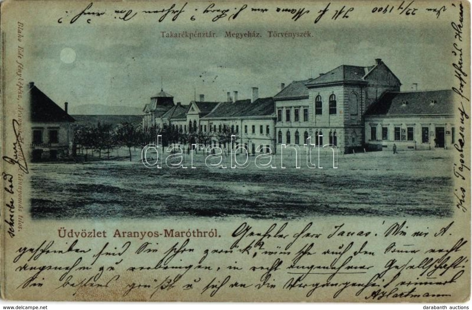 T2/T3 1900 Aranyosmarót, Zlaté Moravce; Tér, Takarékpénztár, Megyeház, Törvényszék. Blaho Ede Fényképész / Square, Savin - Unclassified