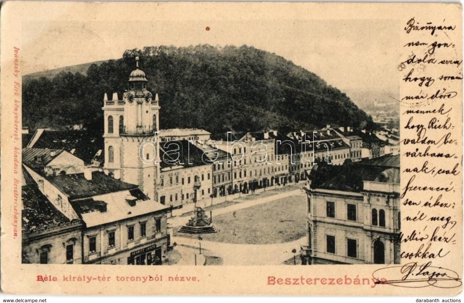 T2/T3 1901 Besztercebánya, Banska Bystrica; Béla Király Tér A Toronyból Nézve, Herritz János üzlete. Ivánszky Elek Kiadá - Zonder Classificatie