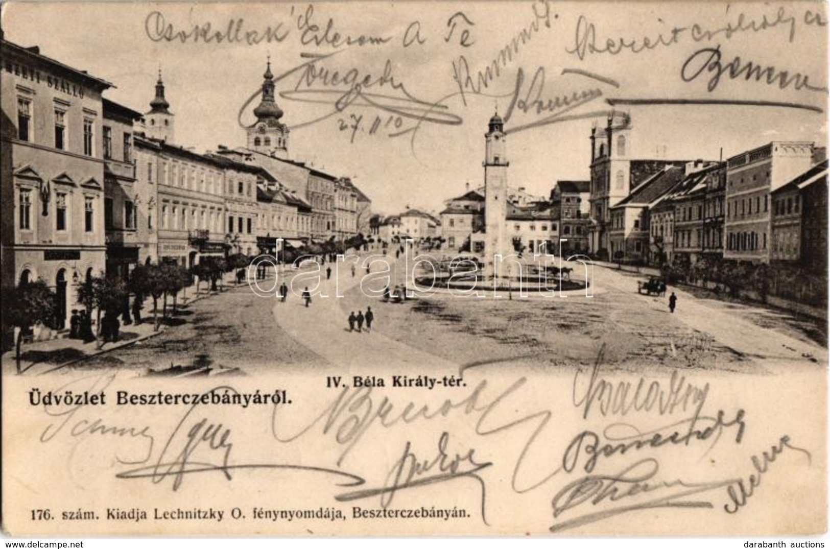 T2 1905 Besztercebánya, Banská Bystrica; IV. Béla Király Tér, Gyógyszertár, üzletek, Templom. Kiadja Lechnitzky O. 176.  - Non Classés