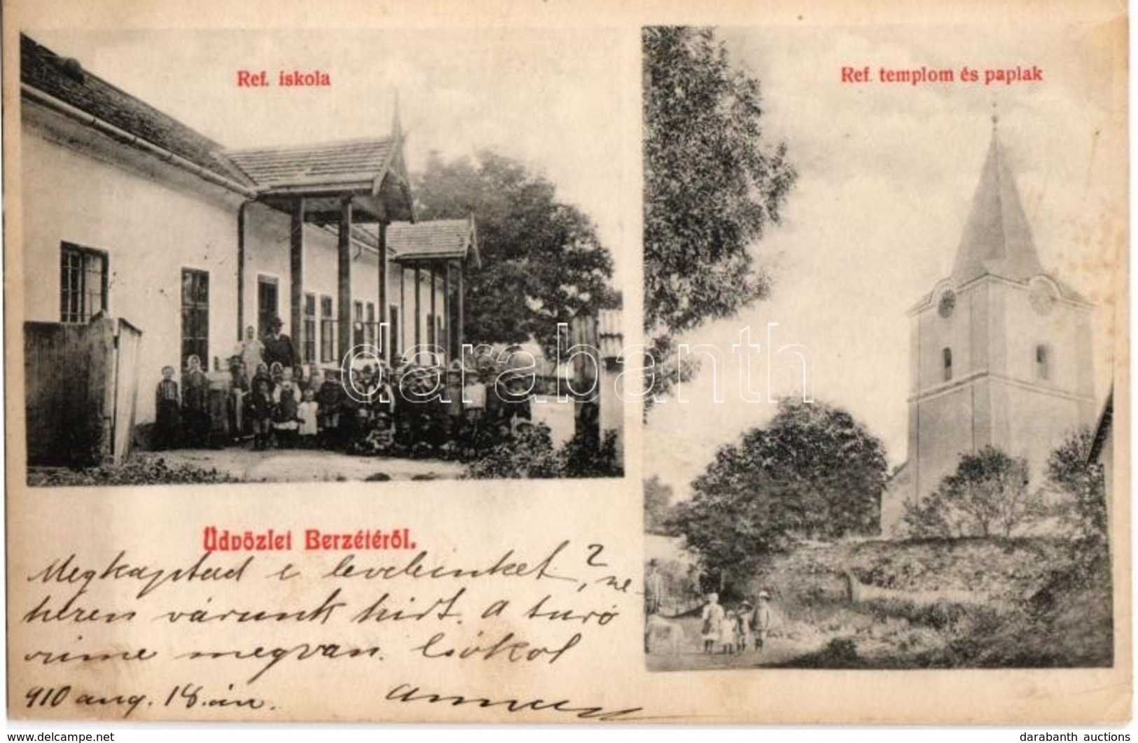 T2 1910 Berzéte, Brzotín; Református Templom, Paplak és Iskola / Calvinist Church, Rectory And School - Non Classés