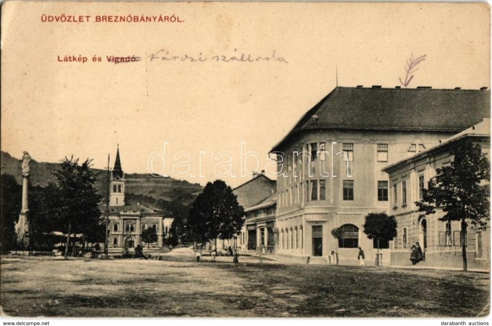 T2/T3 1914 Breznóbánya, Brezno Nad Hronom; Utcakép és Vigadó Városi Szálloda, Templom, Szobor. Kreisler József Kiadása / - Zonder Classificatie