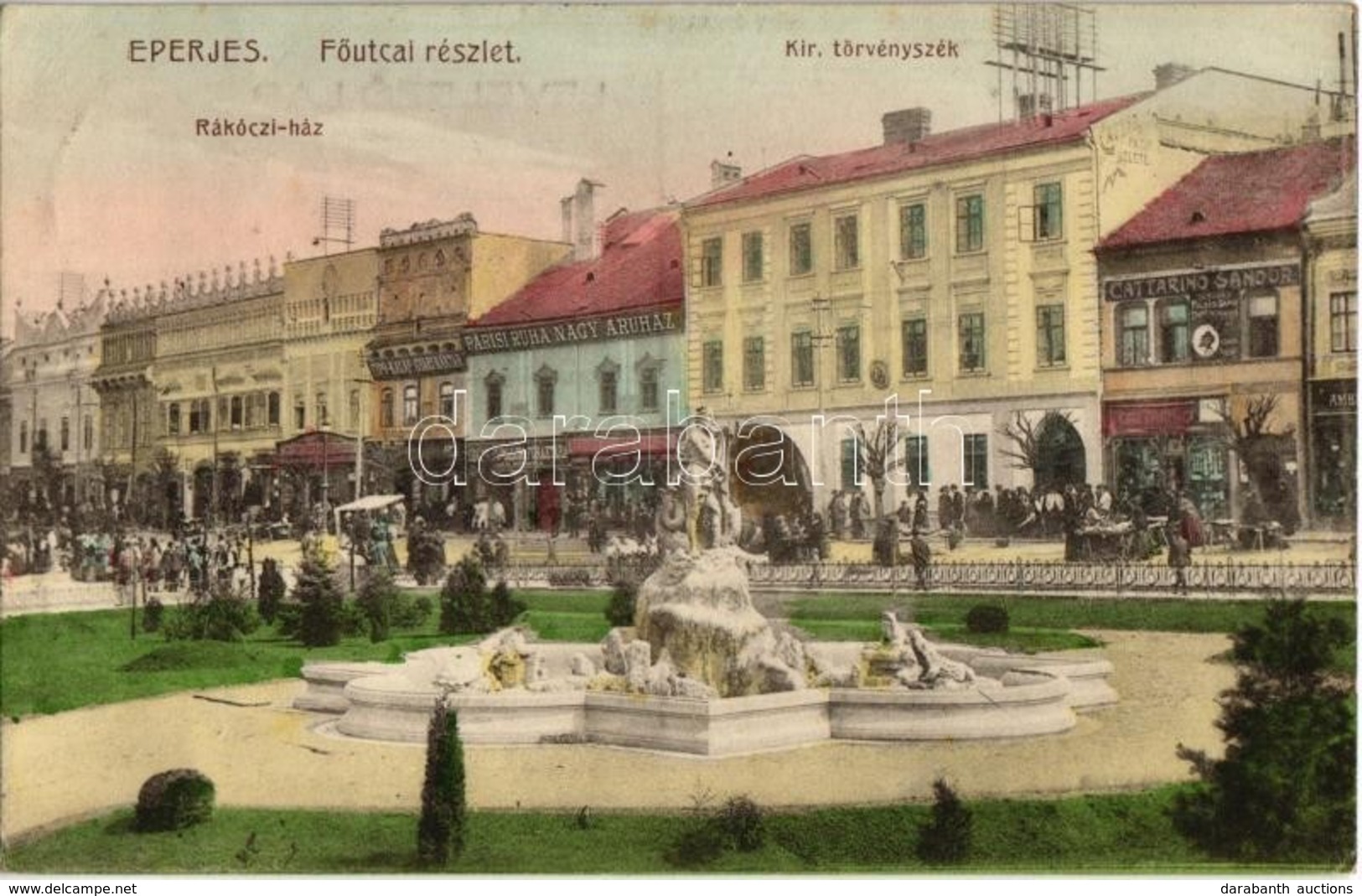 T2/T3 1913 Eperjes, Presov; Fő Utca, Törvényszék, Piac, Zeusz Szökőkút, Párisi Ruha Nagy Áruház, Cipő-kalap Gyári Raktár - Non Classés