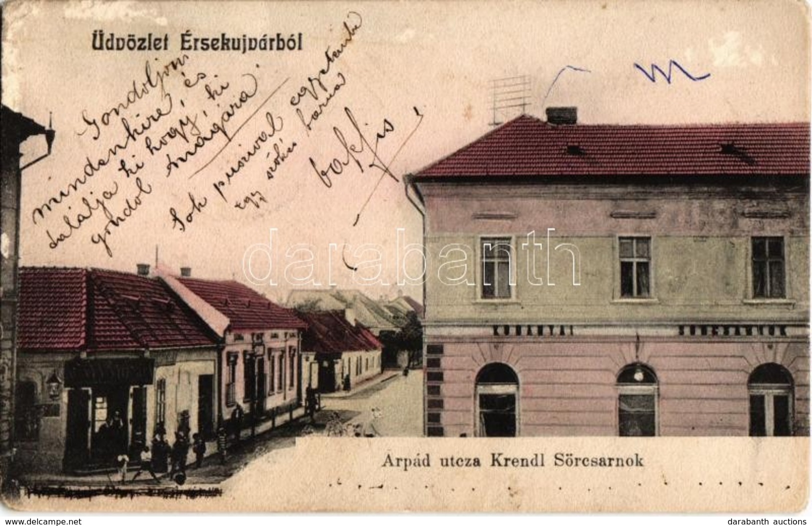 T2/T3 1906 Érsekújvár, Nové Zámky; Árpád Utca, Krendl Kőbányai Sörcsarnok, Könyvnyomda / Street View With Beer Hall And  - Non Classés