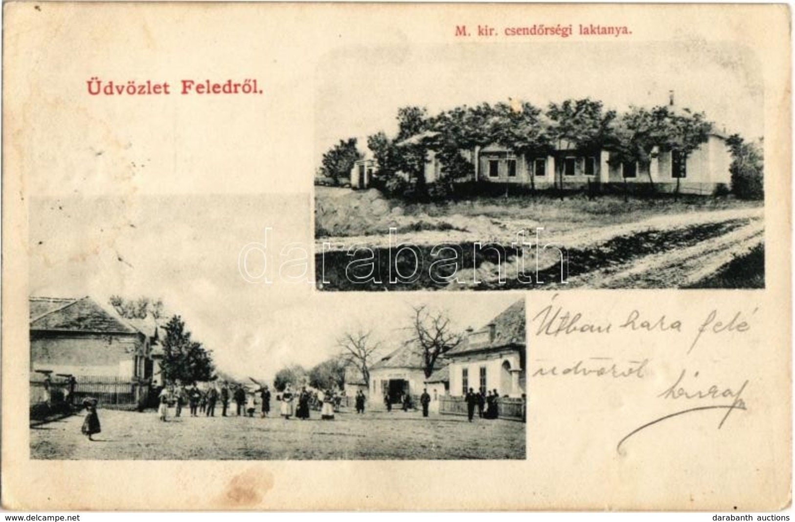 T2/T3 1906 Feled, Veladin, Jesenské; Utcakép, M. Kir. Csendőrségi Laktanya, Vendéglő, Iskola / Street, Gendarmerie Barra - Unclassified