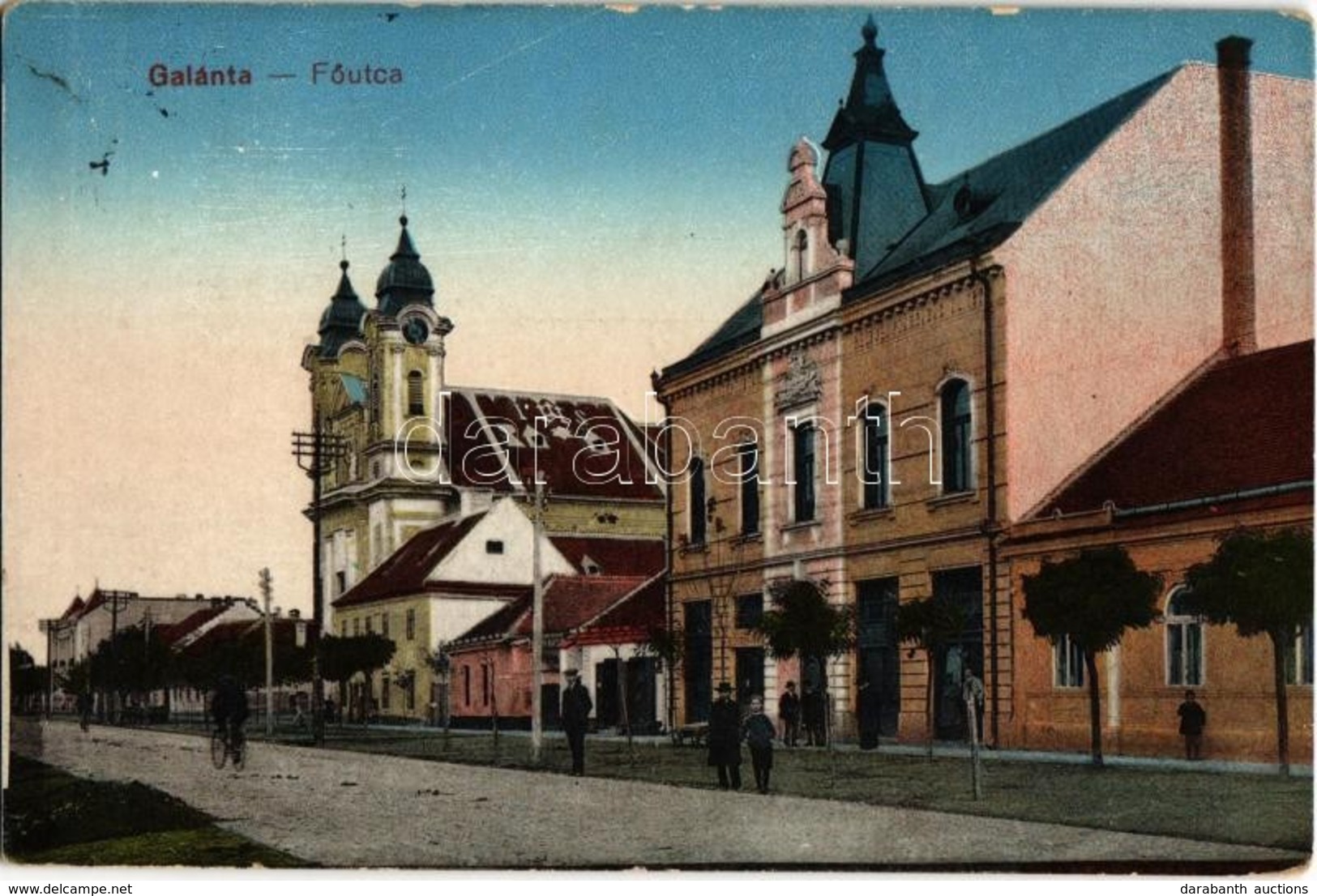 T2/T3 1916 Galánta, Fő Utca, Templom, Takarékpénztár Részvénytársaság, üzlet / Main Street, Church, Savings Bank, Shop ( - Unclassified