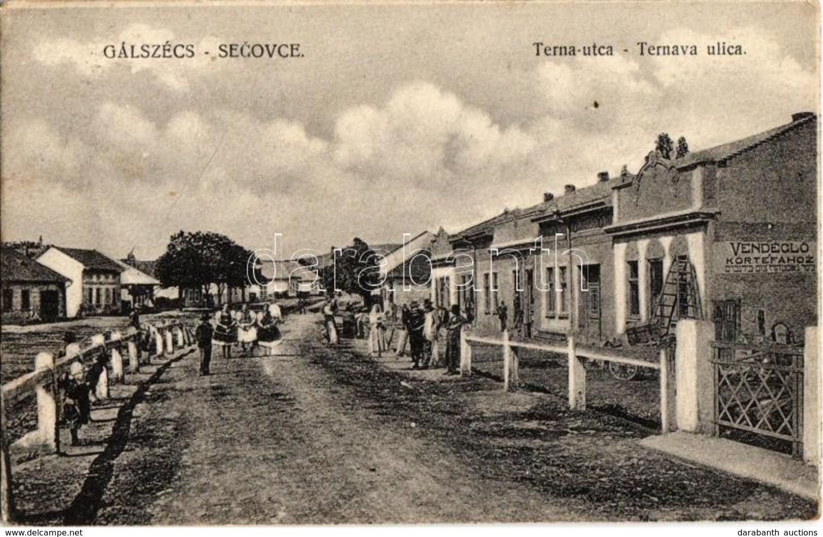 T2/T3 Gálszécs, Secovce; Terna Utca. Zsidó Vendéglő A Körtefához Héber írással / Street View With Jewish Restaurant, Heb - Unclassified