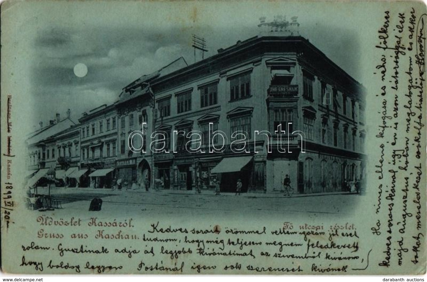 T2/T3 1899 Kassa, Kosice; Fő Utca, Este, The Gresham Biztosító, Strausz D. Utódja, Breitner Mór és Jelinek H. üzlete, Pi - Ohne Zuordnung