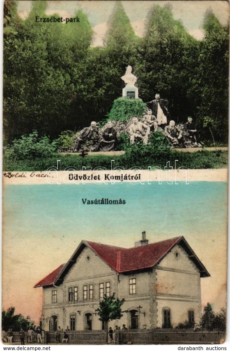 T2/T3 1915 Komját, Komjatice; Erzsébet Park és Szobor Főurakkal és Pappal, Vasútállomás / Bahnhof / Railway Station, Sis - Ohne Zuordnung