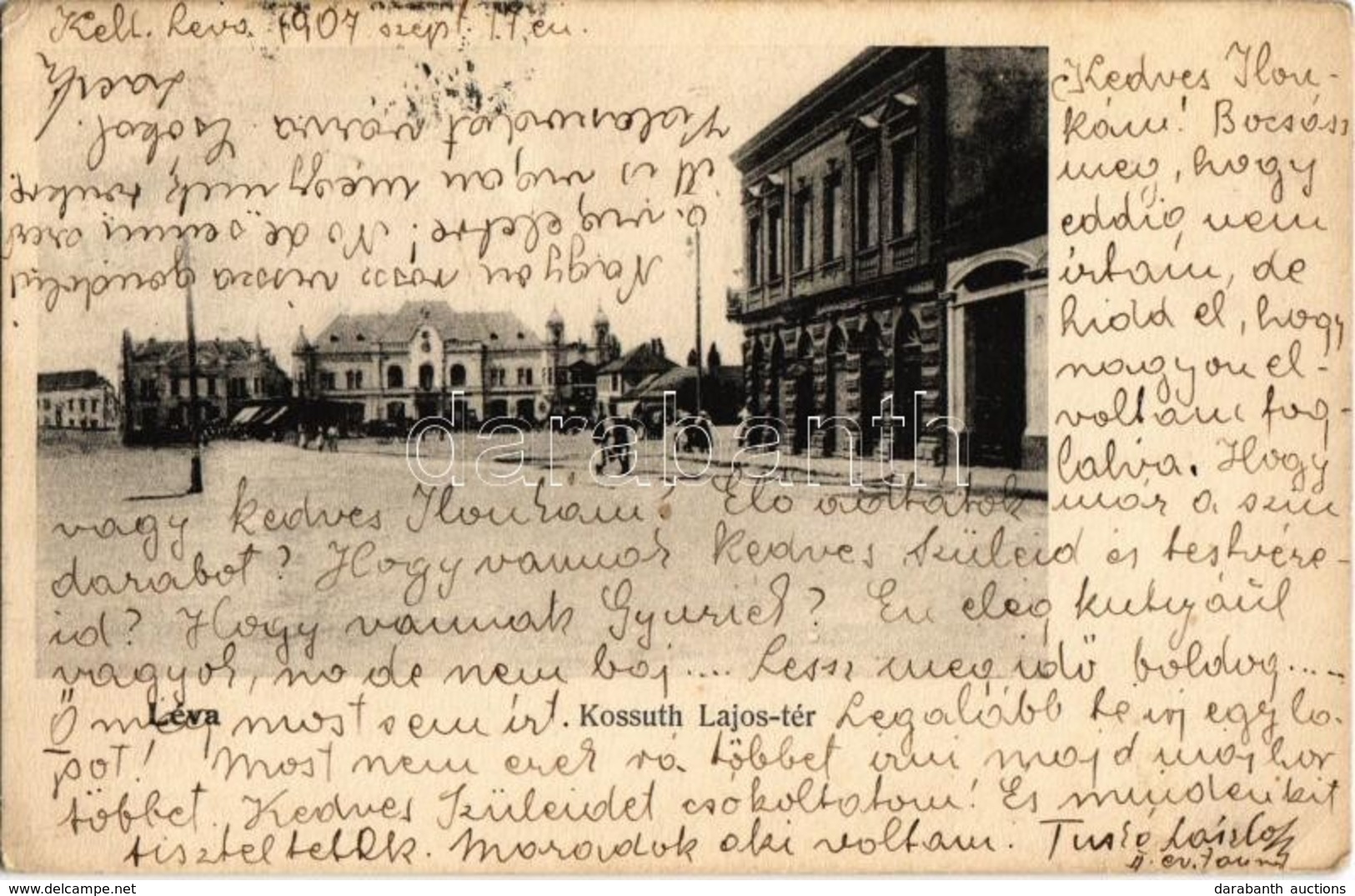 T2 1907 Léva, Levice; Kossuth Lajos Tér, Piac, Lang Központi Szálloda és Kávéház, Osztrák-Magyar Bank Mellékhelye. Nyitr - Unclassified