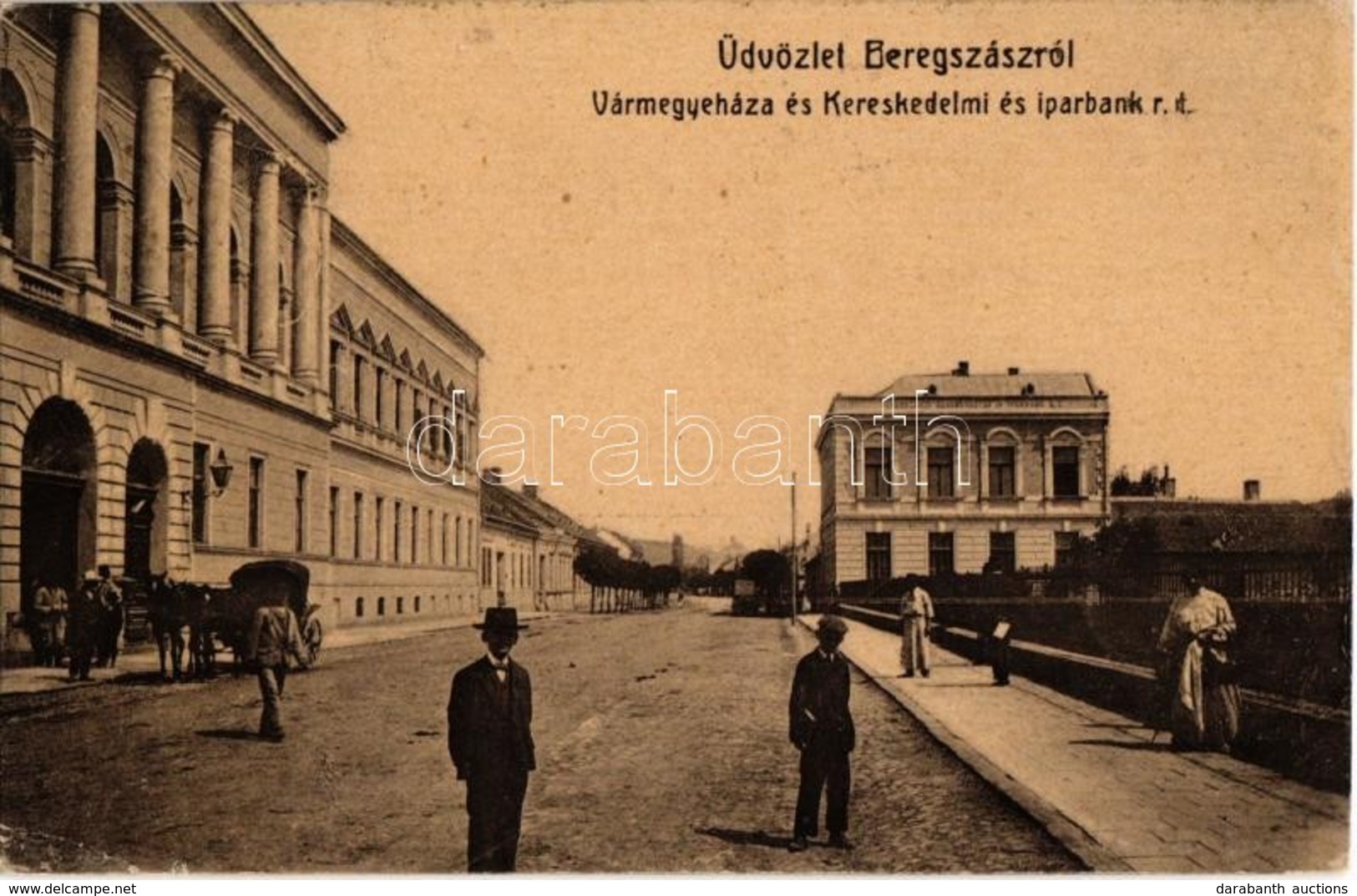 T2/T3 1907 Beregszász, Berehove; Vármegyeháza és Kereskedelmi Iparbank. Kiadja Farkas J. / County Hall And Bank (EK) - Ohne Zuordnung