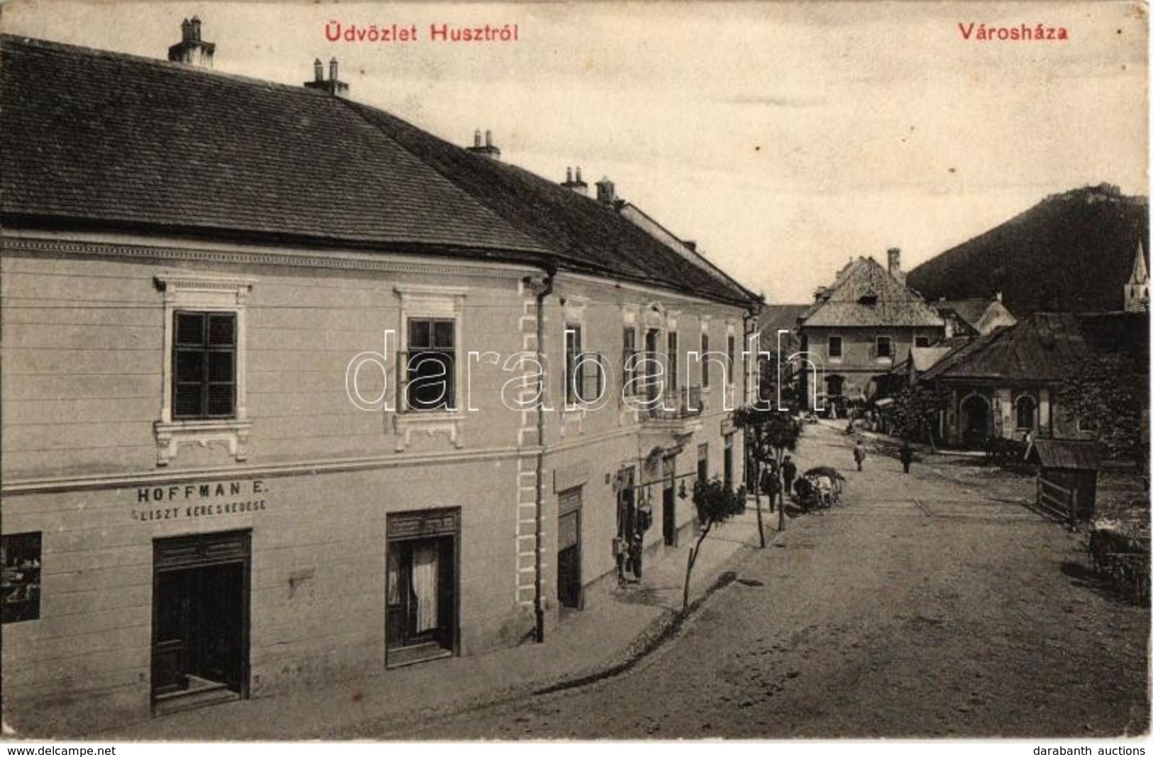 T2 1914 Huszt, Chust, Khust; Városháza, Hoffman E. üzlete. W. L. Bp. 1919. / Street View With Town Hall And Shops - Non Classés