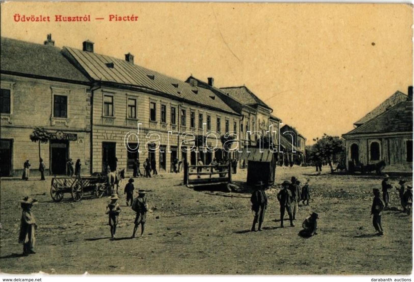 T2/T3 1915 Huszt, Chust, Khust; Piac Tér, Kahan Dávidné Dohányboltja, Klein Sámuel üzlete. W. L. (?) 1914. Kiadja Auslän - Non Classés