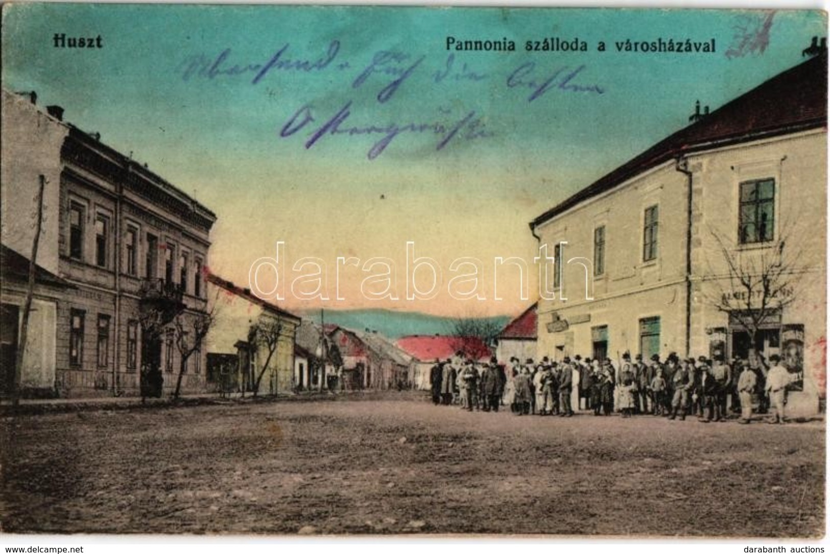 T2 1915 Huszt, Chust, Khust; Pannónia Szálloda és étterem, Városháza, Albert Fodrász és Borbély, üzlet / Hotel And Resta - Ohne Zuordnung