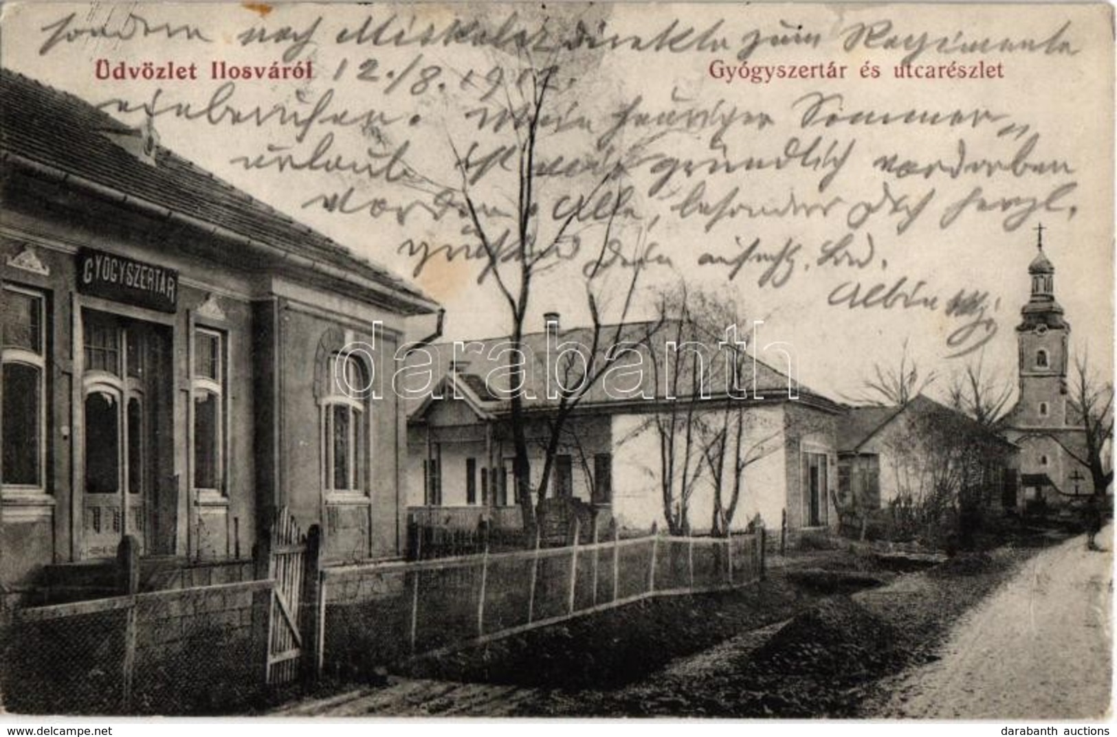 T2 1912 Ilosva, Irsava; Gyógyszertár és Utca, Templom / Pharmacy And Street View With Church - Non Classés