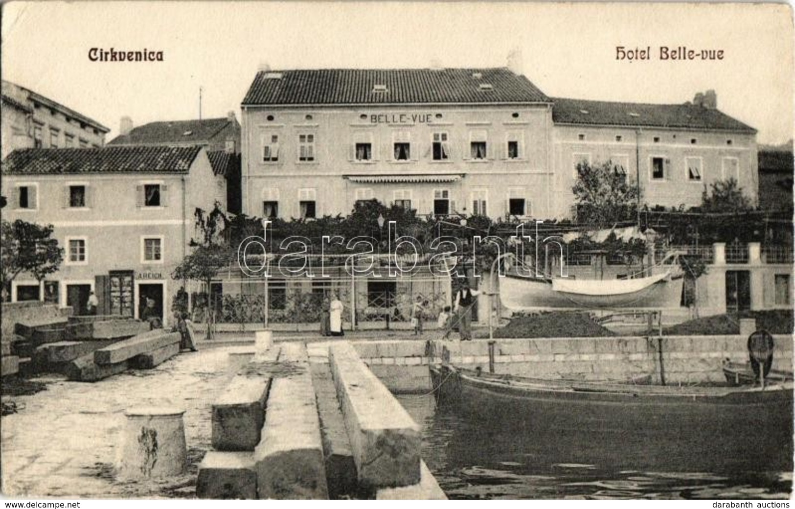 T2/T3 Crikvenica, Cirkvenica; Hotel Belle-Vue, Shop Of A. Reich, Port With Boats  (EK) - Unclassified