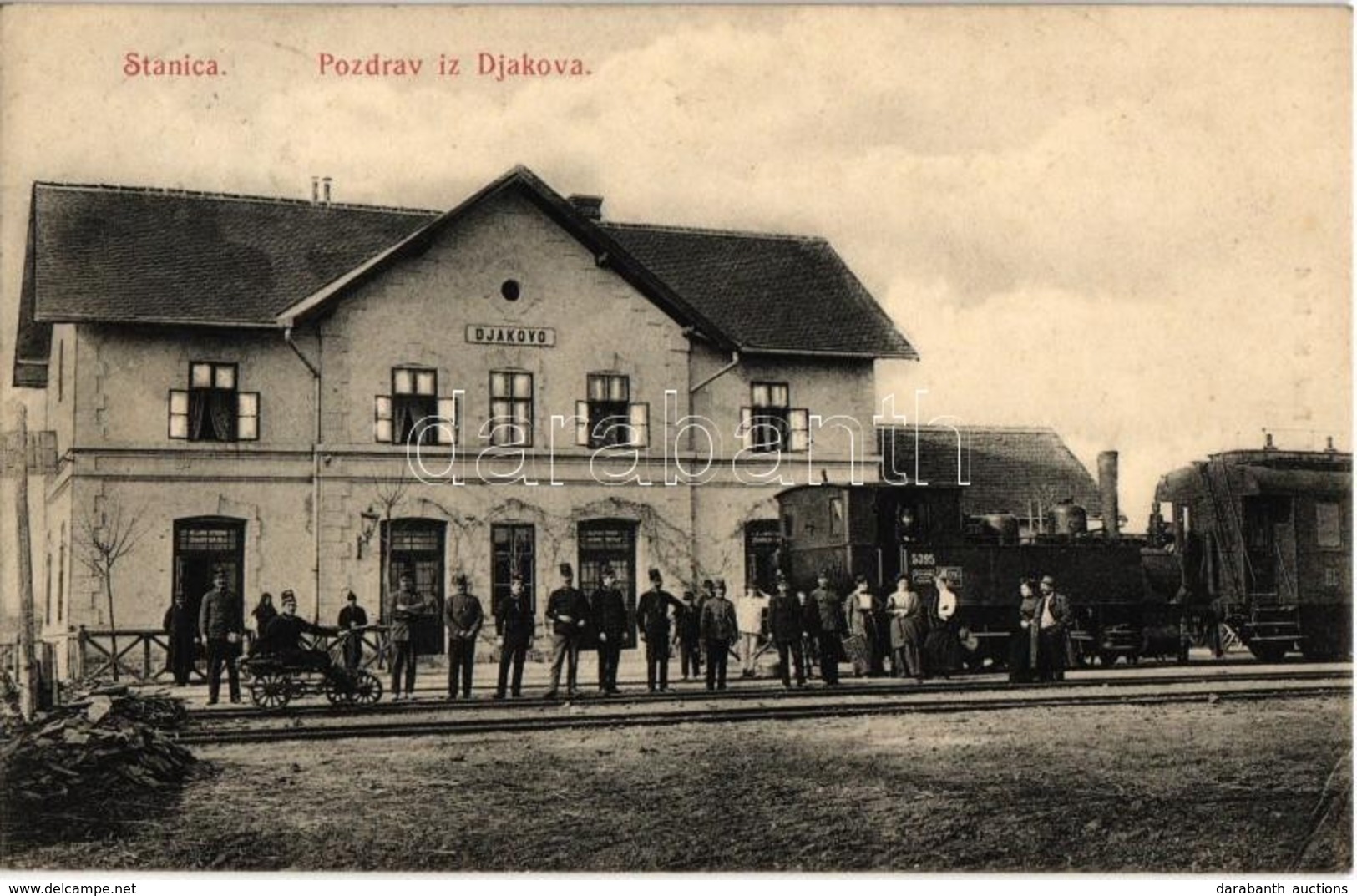 T2 1912 Diakovár, Djakovo, Dakovo; Vasútállomás, 5395. Sor. Sz. Gőzmozdony, Hajtány, Vasutasok / Stanica / Bahnhof / Rai - Unclassified