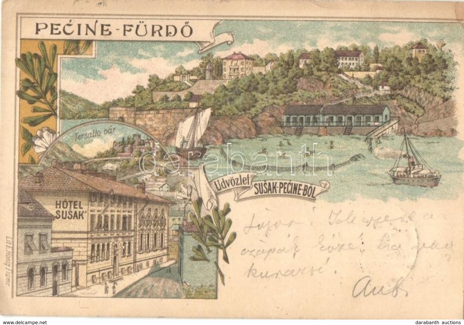 T2/T3 1900 Fiume, Rijeka; Susak-Pecine-fürdő, Tersatto Vár, Susak Szálloda / Trsat Castle, Hotel. E. Honig Floral, Litho - Non Classés