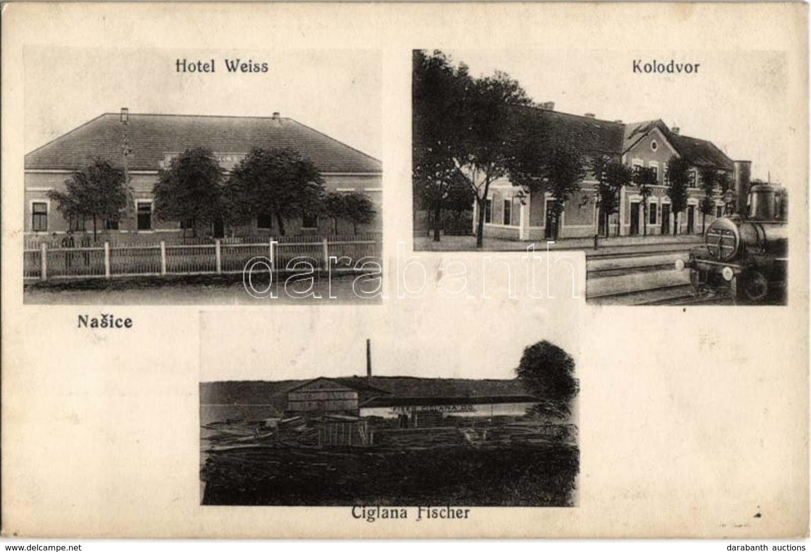 T2 1915 Nekcse, Nasice; Vasútállomás Gőzmozdonnyal, Weiss Szálloda, Fischer Téglagyára. Ivan Rechnitzer Kiadása / Hotel, - Ohne Zuordnung