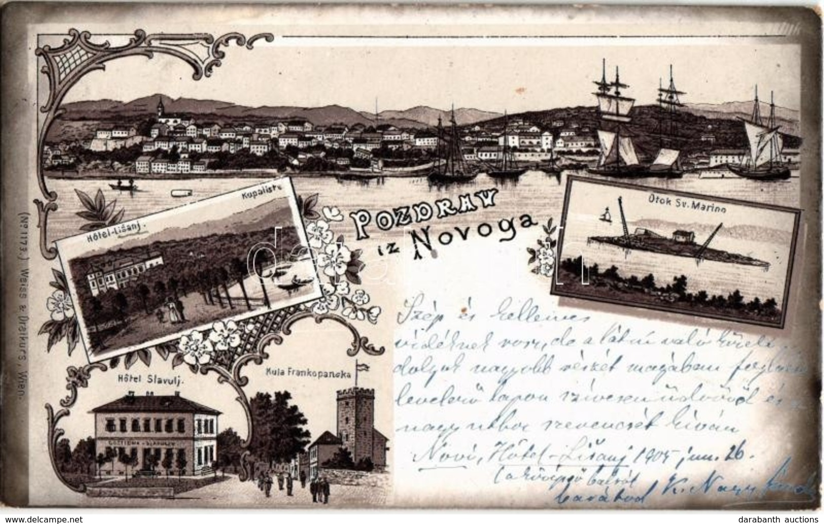 T2/T3 1905 Novi Vinodolski, Novoga; Hotel Lisanj, Kupaliste, Otok Sv. Marino, Hotel Slavulj, Kula Frankopanska / Hotels, - Unclassified