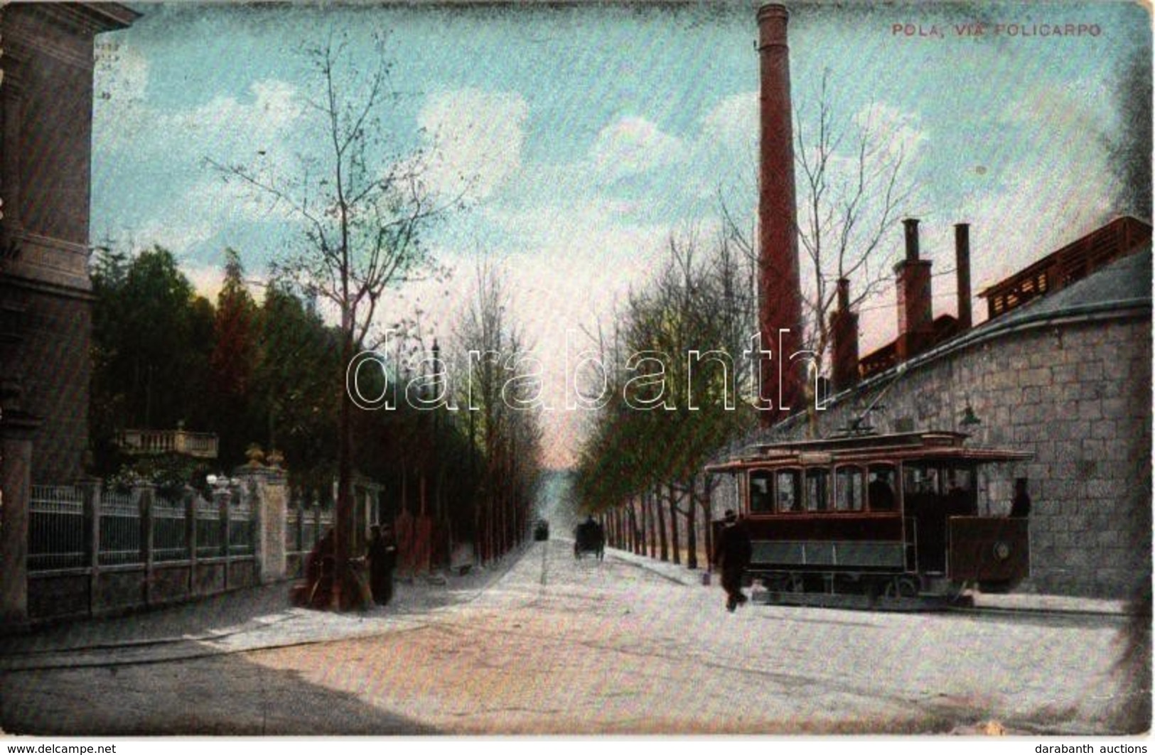 T2/T3 1907 Pola, Pula; Via Policarpo / Street View With Tram, Austro-Hungarian Villa Monai On The Left And Maritime Navy - Zonder Classificatie