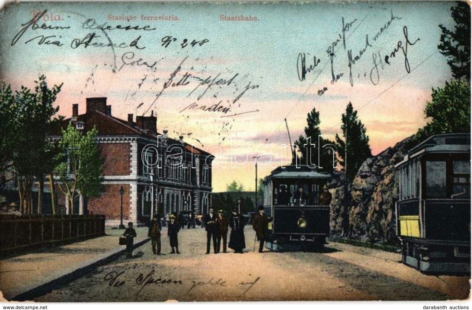 * T3 1907 Pola, Pula; Stazione Ferroviaria / Staatsbahn / Railway Station With Trams (EM) - Non Classés