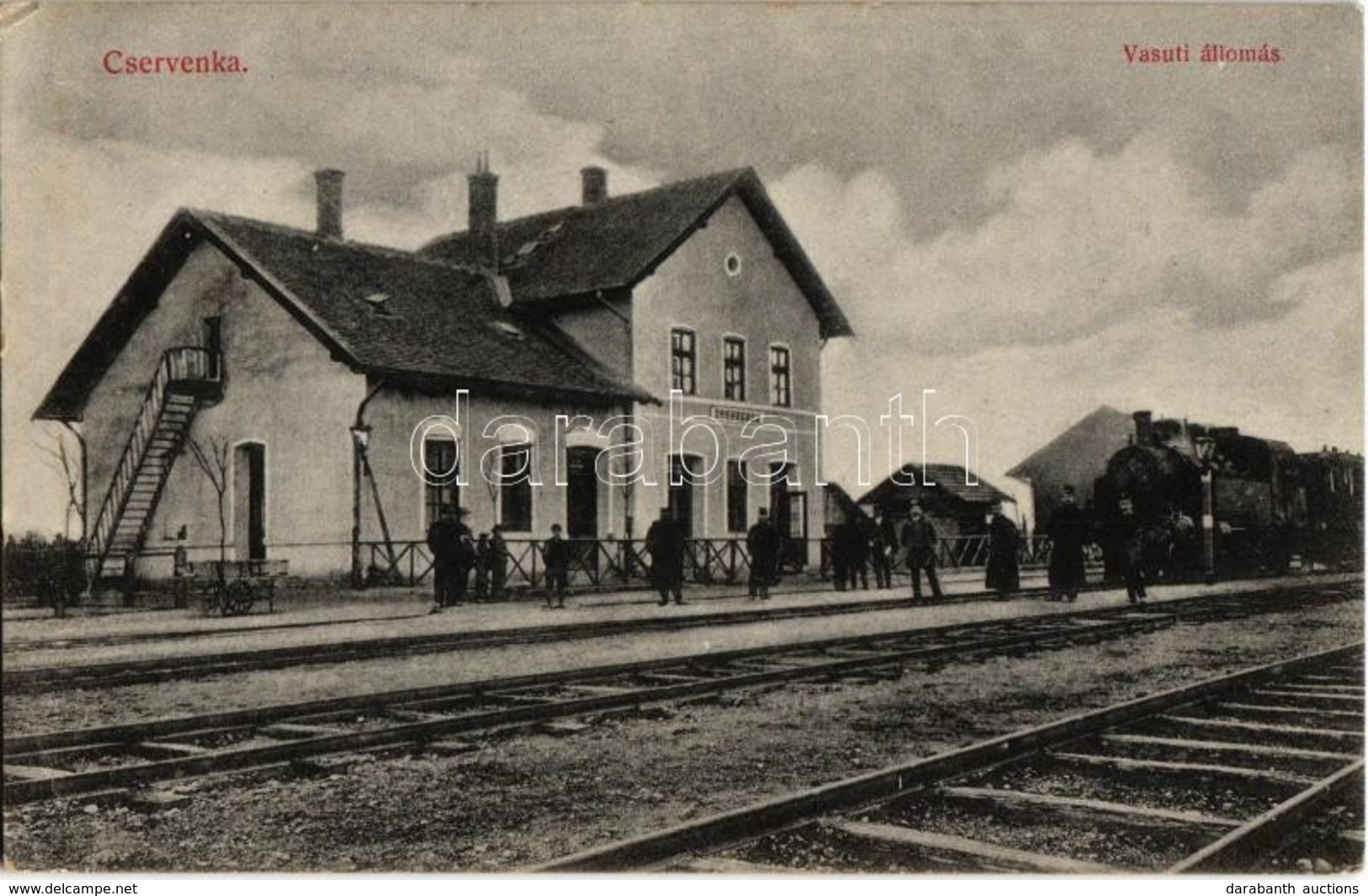 T2/T3 1918 Cservenka, Crvenka; Vasútállomás, Gőzmozdony, Vasutasok. Geyer László Kiadása / Bahnhof / Railway Station, Lo - Unclassified