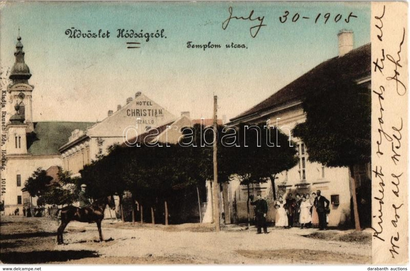 T2/T3 1905 Hódság, Odzaci; Templom Utca, Christian Szálló. Rausch Ede Kiadása / Street View With Church And Hotel - Unclassified