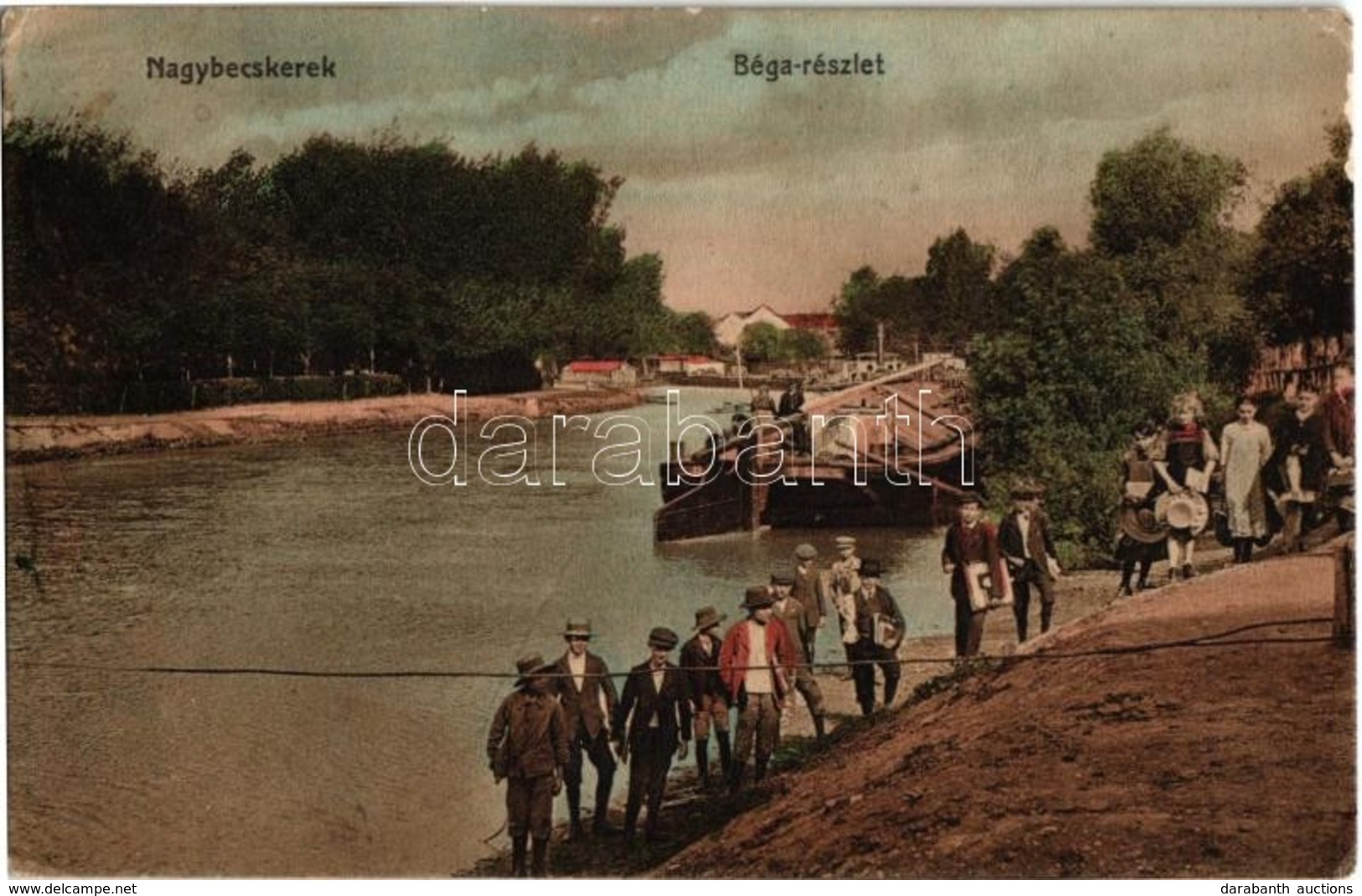 T2/T3 1918 Nagybecskerek, Zrenjanin, Veliki Beckerek; Béga Folyó, Uszály, Diákok. Mangold Lipót Kiadása / Bega River, Ba - Unclassified