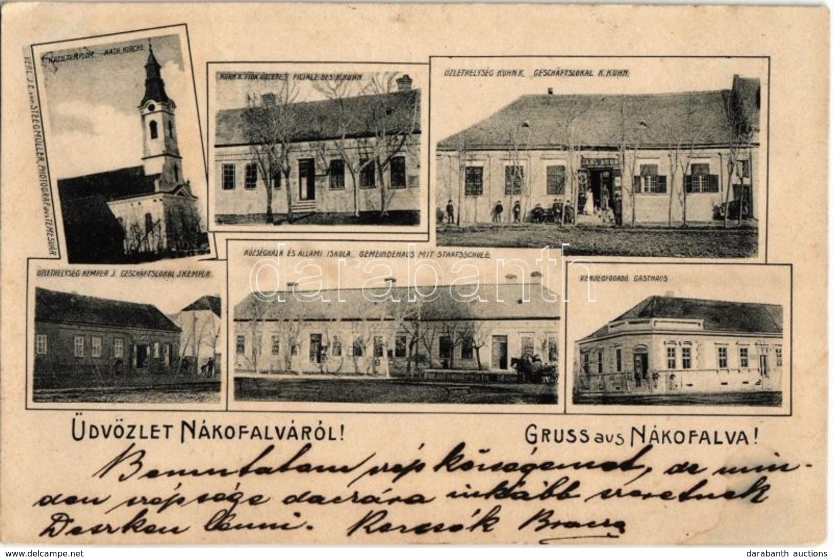 T2/T3 1903 Nákofalva, Nakovo; Karl Kuhn üzletei, Kemper J. üzlete, Községháza és Állami Iskola, Vendégfogadó, Templom /  - Non Classés