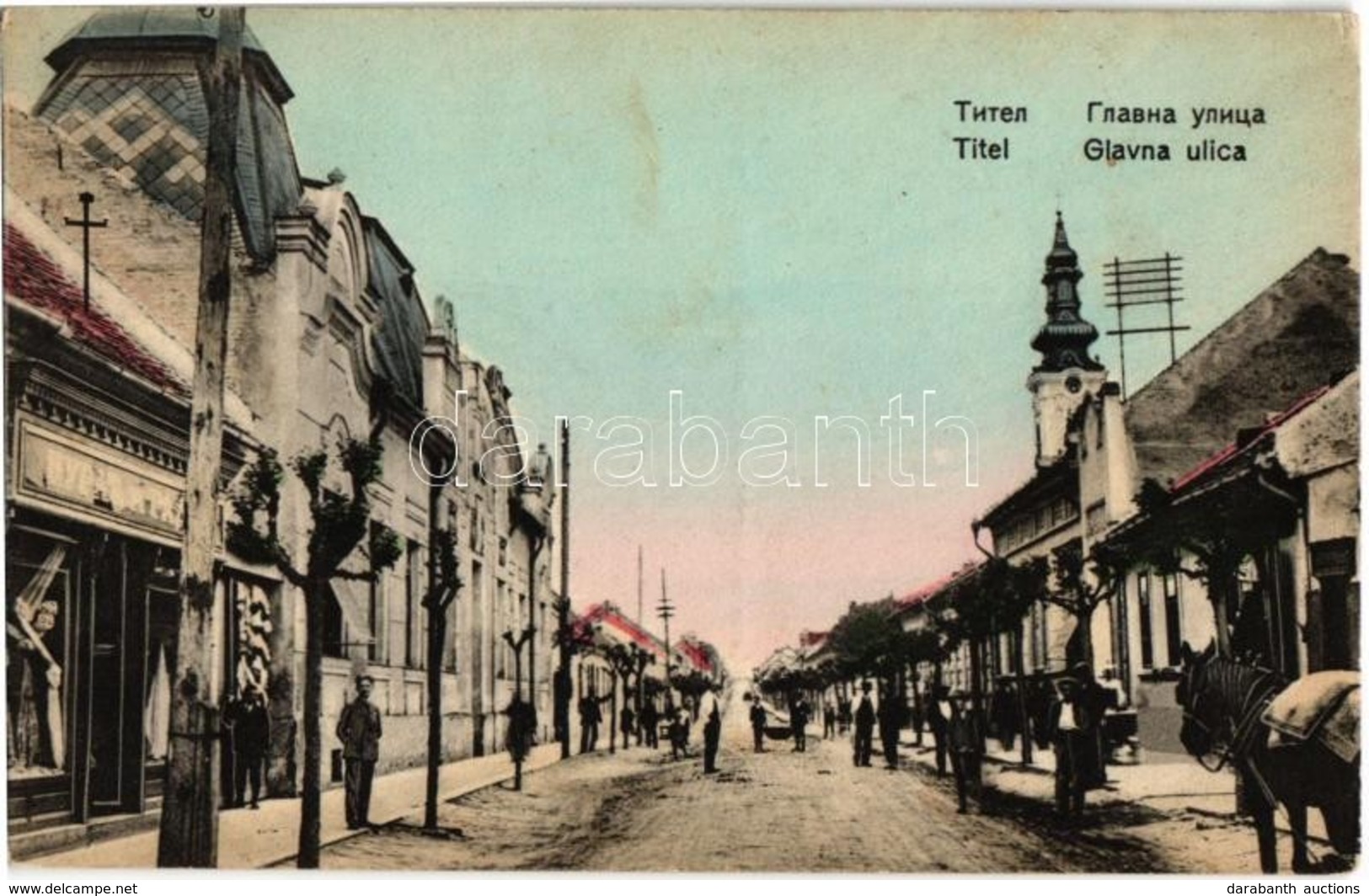 ** T2/T3 Titel, Glavna Ulica / Fő Utca, üzletek, Templom / Main Street With Shops And Church (EK) - Non Classés