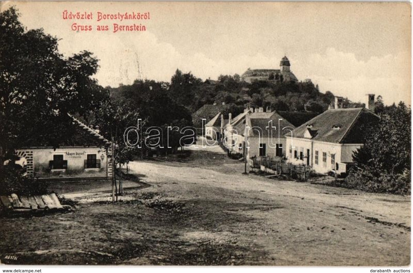 T2 1909 Borostyánkő, Bernstein; Máger József Vegyeskereskedése, Vár A Háttérben. A. Pelnitschar Kiadása / Schloss, Gesch - Ohne Zuordnung