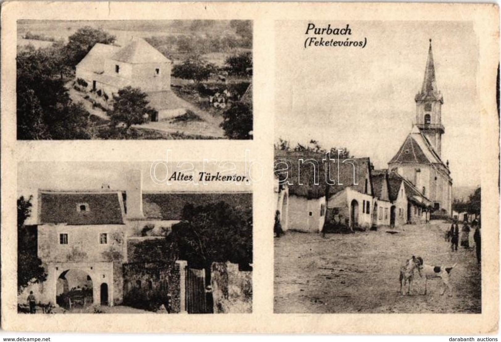 T2/T3 1921 Feketeváros, Purbach Am Neusiedlersee; Utcakép, Régi Török Kapu, Templom / Strasse, Kirche, Altes Türkentor / - Non Classés