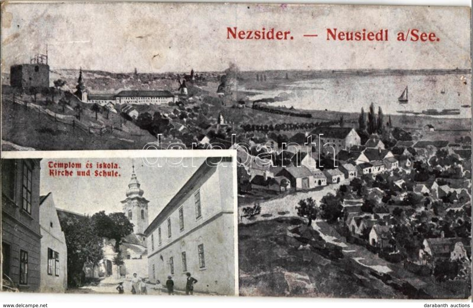 T2/T3 Nezsider, Neusiedl Am See; Templom és Iskola / Kirche Und Schule / Church And School (ázott Sarkak / Wet Corners) - Non Classés