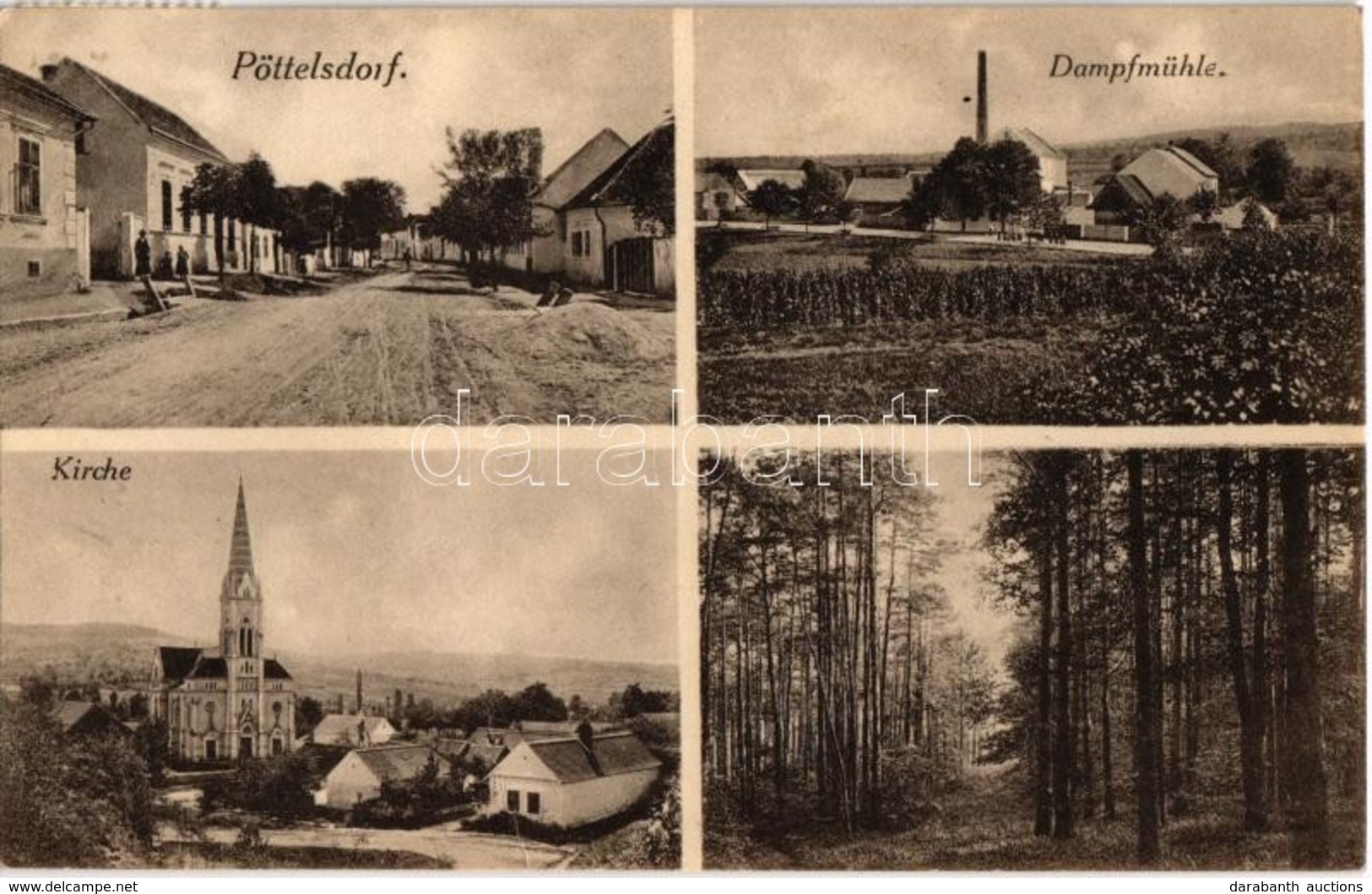 * T1/T2 Petőfalva, Pöttelsdorf; Utca, Templom, Erdő, Gőzmalom / Strasse, Kirche, Dampfmühle / Street, Church, Forest, St - Unclassified