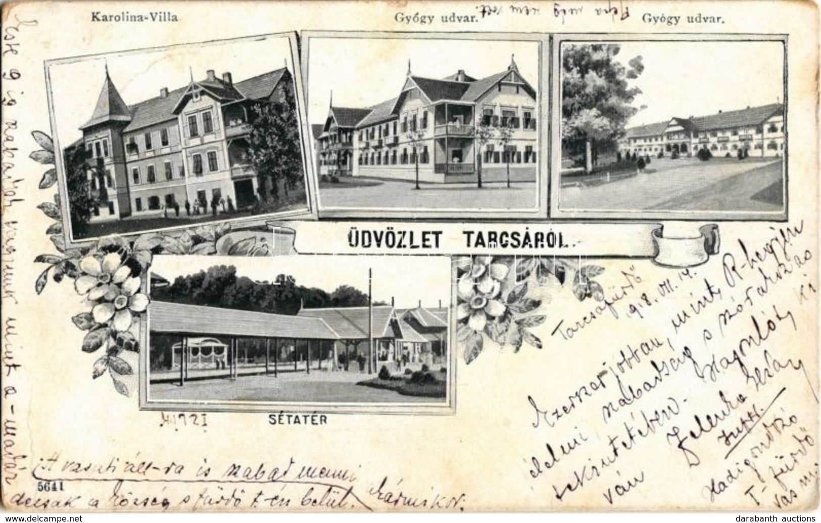 T2/T3 1918 Tarcsa, Tatzmannsdorf; Karolina Villa, Gyógyudvar, Sétatér / Kursalon, Promenade, Spa. Floral + 'Katonai Ápol - Non Classés