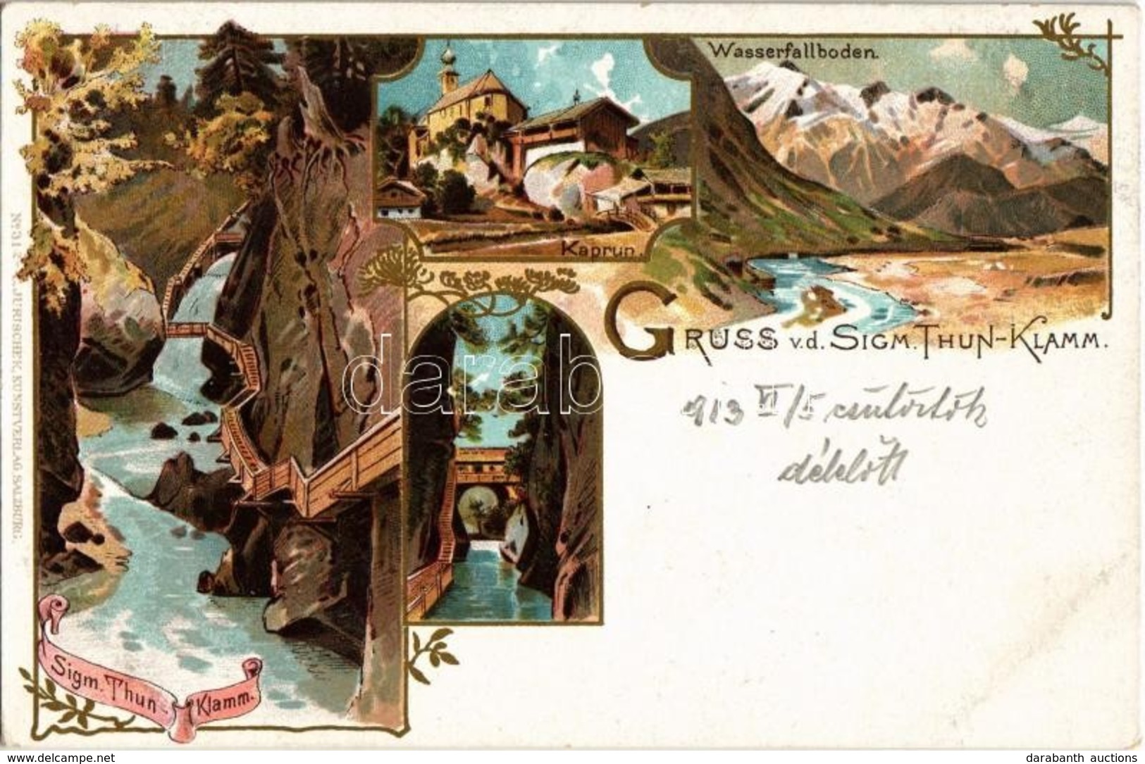 * T1/T2 Kaprun, Sigmund-Thun-Klamm, Wasserfallboden / Waterfall, Gorge. No. 312. C. Jurischek Kunstverlag. Art Nouveau,  - Ohne Zuordnung