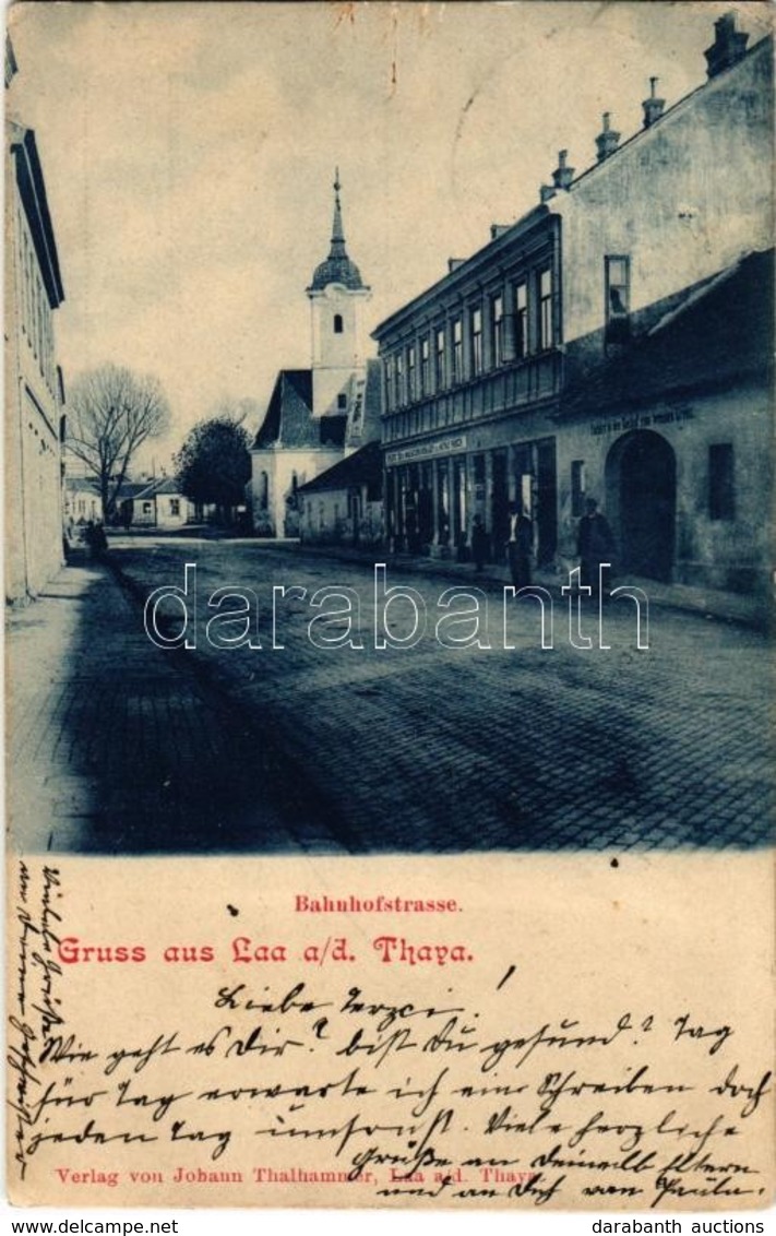 T2 1904 Laa An Der Thaya, Bahnhofstrasse, Gasthof, Kirche / Railway Street, Restaurant, Shop, Church - Ohne Zuordnung