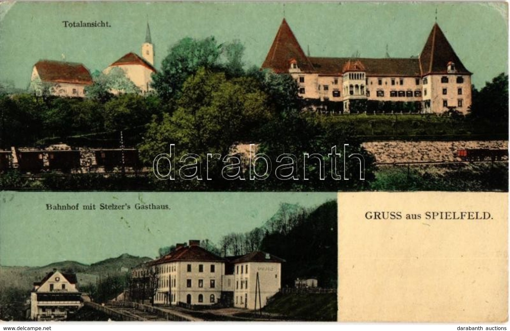 T2/T3 1910 Spielfeld, Totalansicht, Schloss, Bahnhof Mit Stelzer's Gasthaus. Verlag Friedrich Krobath / Spielfeld Castle - Zonder Classificatie