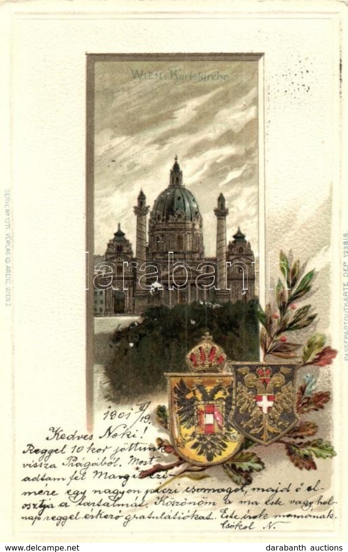 T2 1901 Vienna, Wien; Karlskirche / Church. Coat Of Arms. Passepartoutkarte Serie No. 1271. Ed. Arenz. Emb. Litho - Unclassified