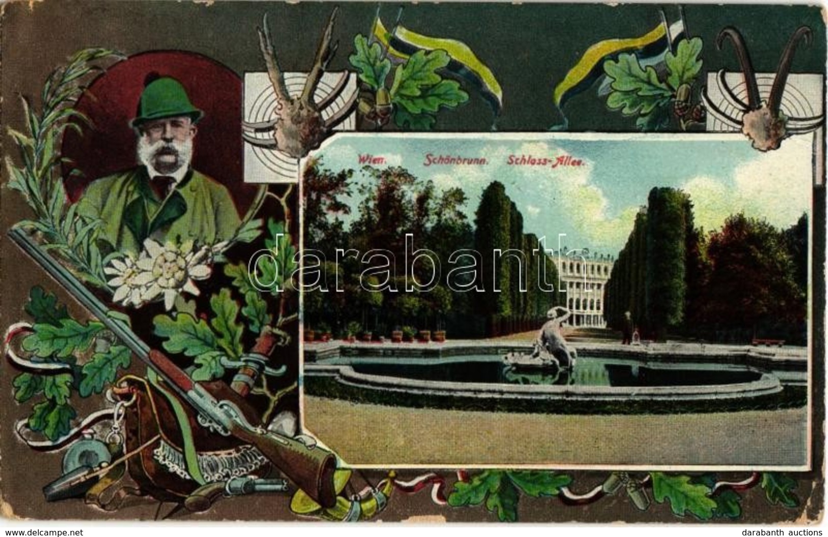 T2/T3 Vienna, Wien; Schönbrunn Schloss Allee / Castle Park. Franz Joseph With Hunting Equipment. Art Nouveau  (EK) - Non Classés