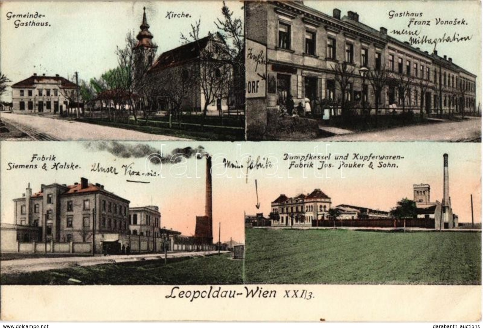 T2/T3 1911 Vienna, Wien XXI. Leopoldau, Gemeinde-Gasthaus, Kirche, Gasthaus Franz Vonasek, Fabrik Siemens & Halske, Damp - Ohne Zuordnung