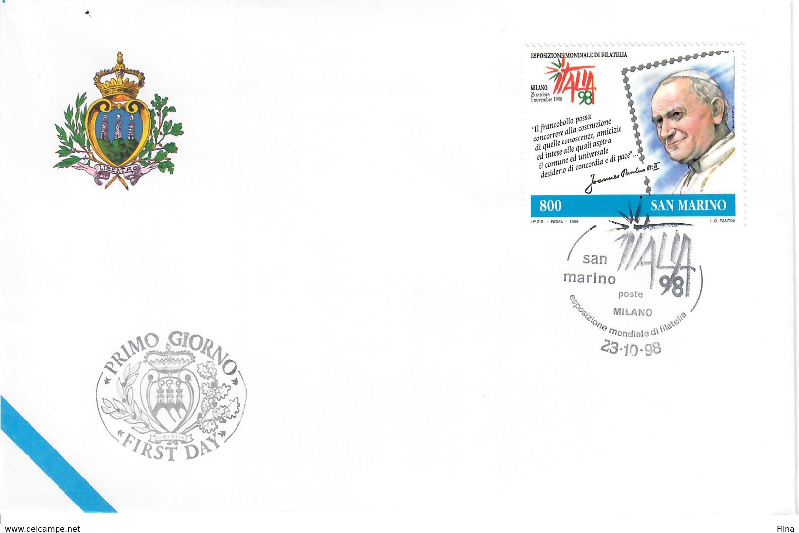 SAN MARINO 1998 - ITALIA 98 - PAPA GIVANNI PAOLO II. - FDC - Storia Postale