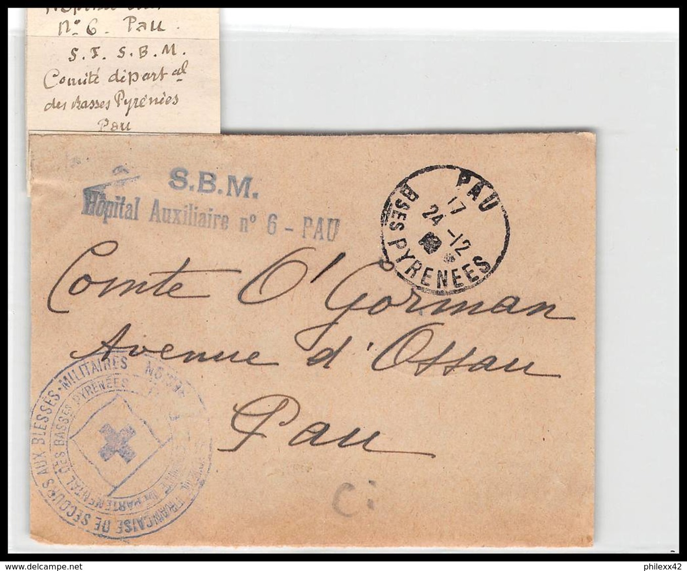 52370 Pyrenees Atlantiques Pau 1918 Hopital Auxiliaire 6 Sante Guerre 1914/1918 War Devant De Lettre Front Cover - WW I