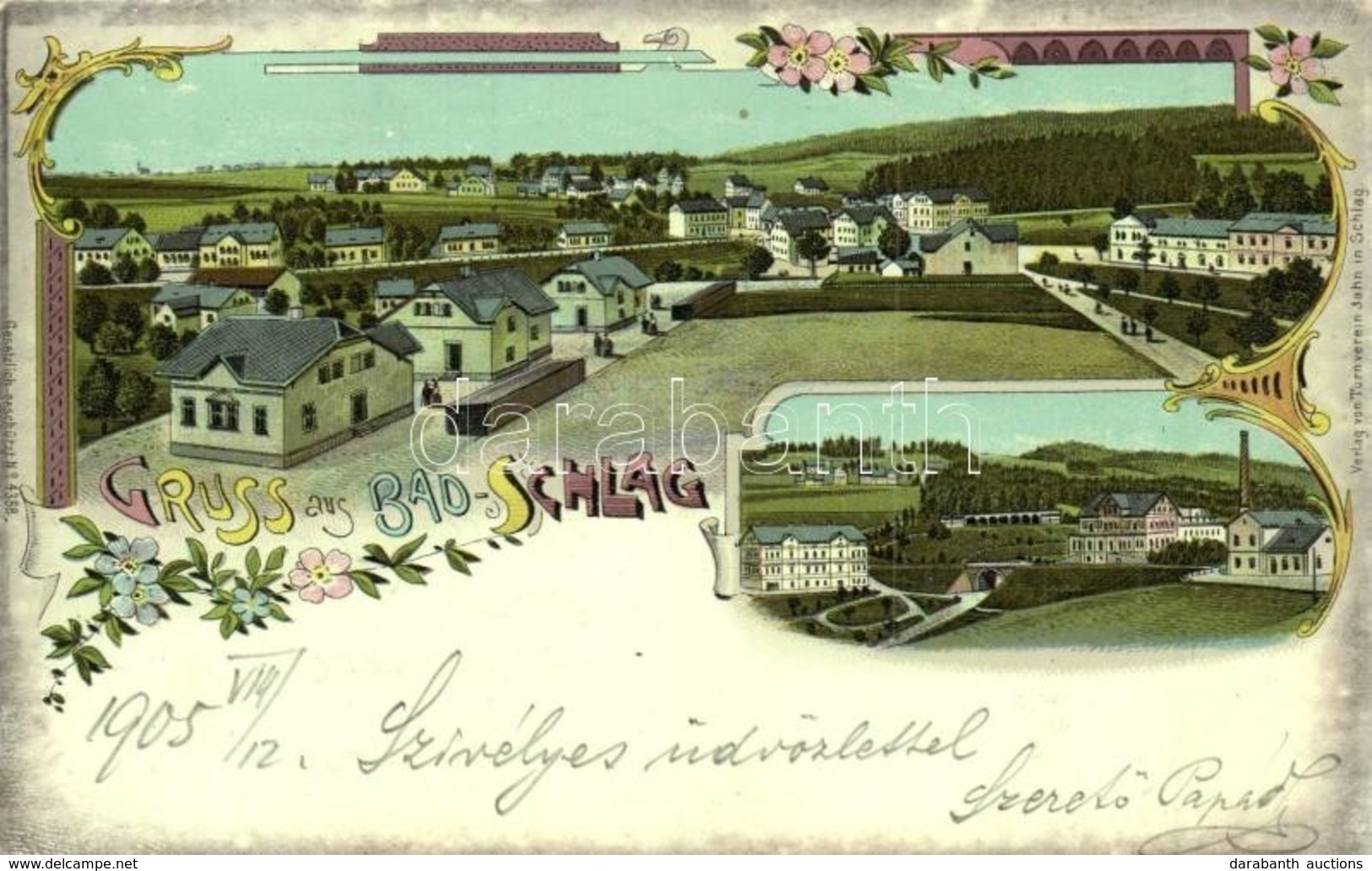 T2/T3 Jablonecké Paseky, Bad Schlag; General View, Dr. Gletters Sanatorium, Turnverein Jahn Floral Art Nouveau Litho (EK - Ohne Zuordnung