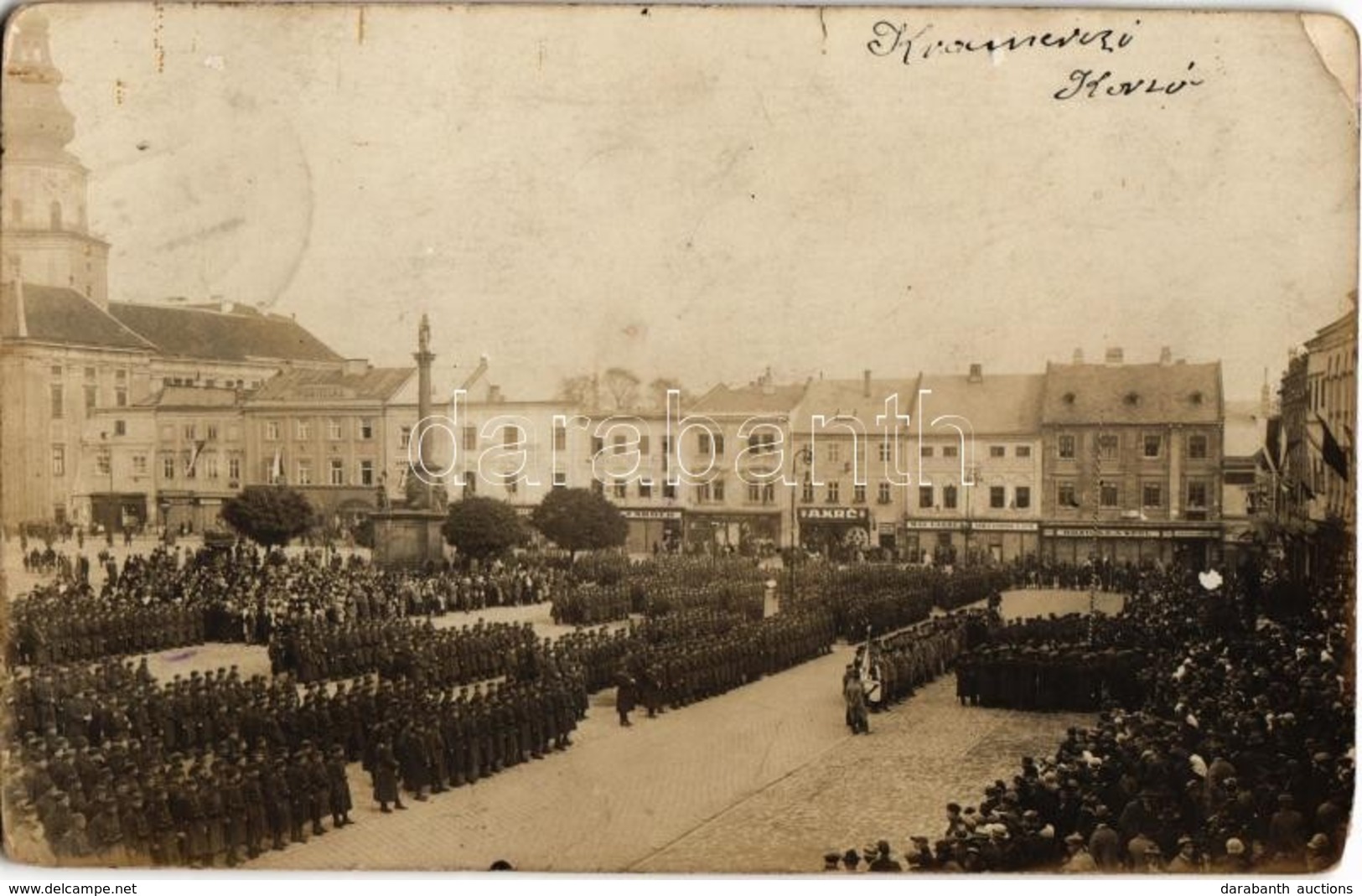 * T3 Kromeríz, Kremsier; WWI Military Parade On The Main Square, Shops Of Ruzicka A Spol, Jan Cermák A Syn, Max Farber,  - Non Classés