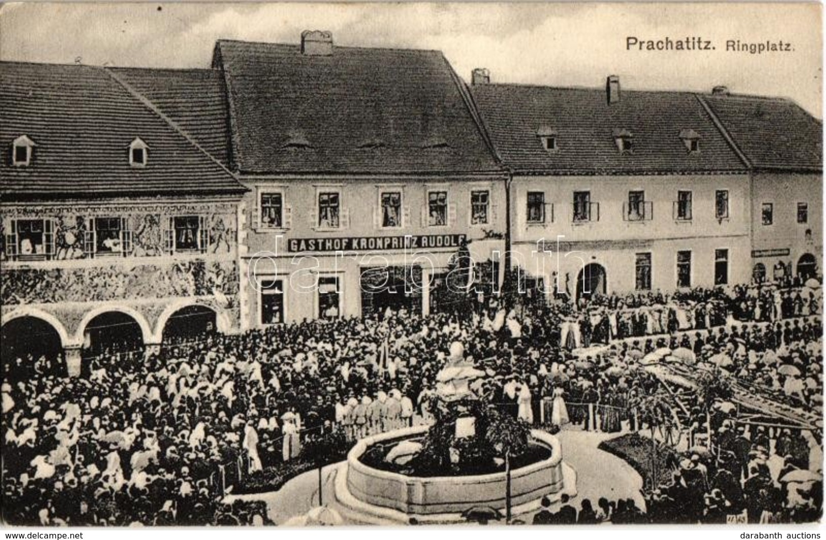 T2 1917 Prachatice, Prachatitz; Ringplatz, Gasthof Kronprinz Rudolf. Verlag J. Hirsch / Square, Inn, Crowd + K.u.K. Rese - Non Classés